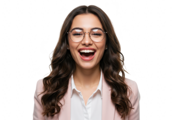 A joyful businesswoman with glasses laughs heartily with her mouth open wide, isolated on a transparent background