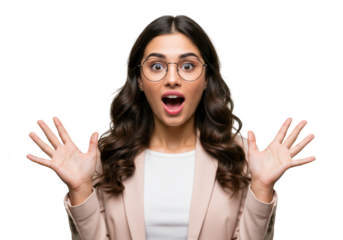 A surprised businesswoman with glasses throws her hands up in amazement, isolated on a transparent background