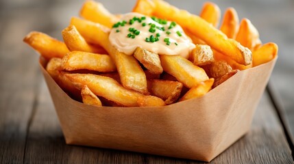 Crispy crinkle-cut fries served with creamy mayo on a rustic wooden table