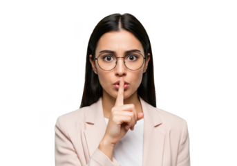 A woman in a business suit and glasses gestures for silence, isolated on a transparent background