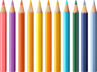 Collection of colorful sharpened pencils arranged in a row isolated on transparent background