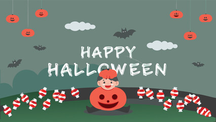 Fototapeta premium Happy halloween scene with child in pumpkin costume, bats, clouds, candies and hanging pumpkin lanterns
