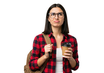 A young woman with a backpack and coffee cup, wearing glasses and a plaid shirt, looks confused isolated on transparent background