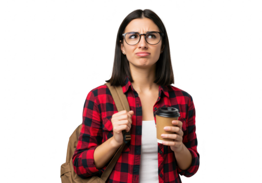 A young woman with a backpack and coffee cup, wearing glasses and a plaid shirt, looks confused isolated on transparent background - Powered by Adobe