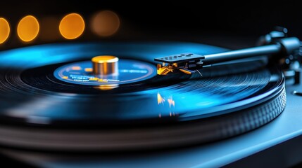 Vintage turntable playing a vinyl record with warm lighting creates a nostalgic atmosphere in a cozy setting