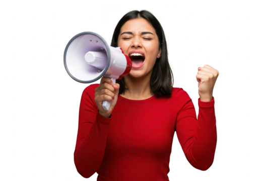 Young woman shouting loudly into a megaphone with her fist clenched, isolated on transparent background