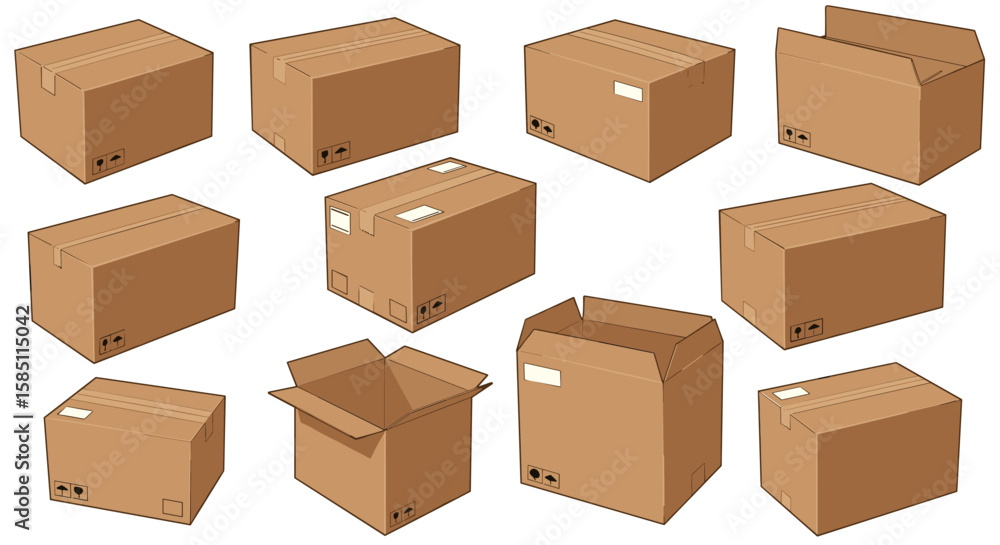 Poster collection of cardboard boxes in various sizes and angles