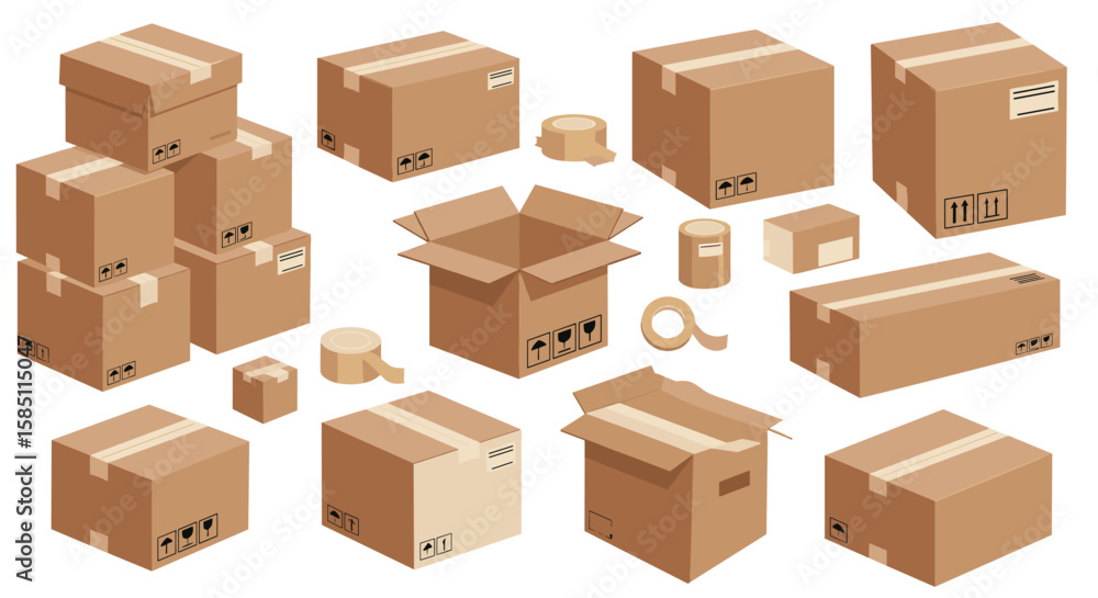Poster assorted cardboard boxes and packaging tape set in multiple angles for shipping and storage