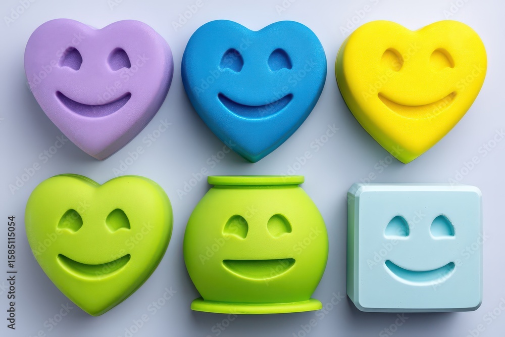 Poster colorful heart-shaped foam figures embodying joy and positivity arranged creatively on a subtle back