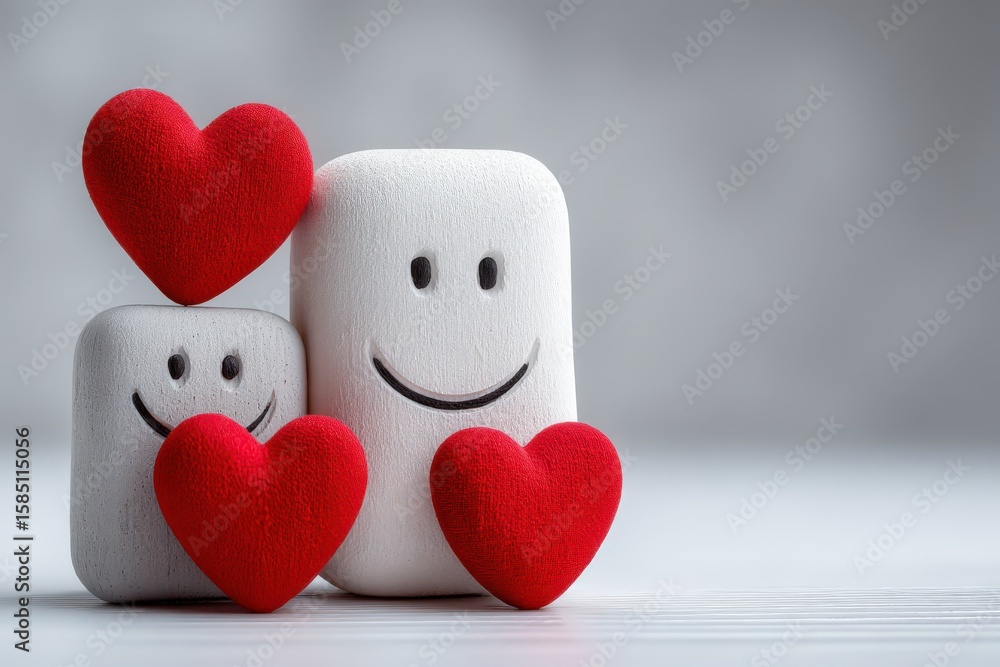 Poster delightful playful characters showcasing joy and affection through smiling faces and vibrant red hea
