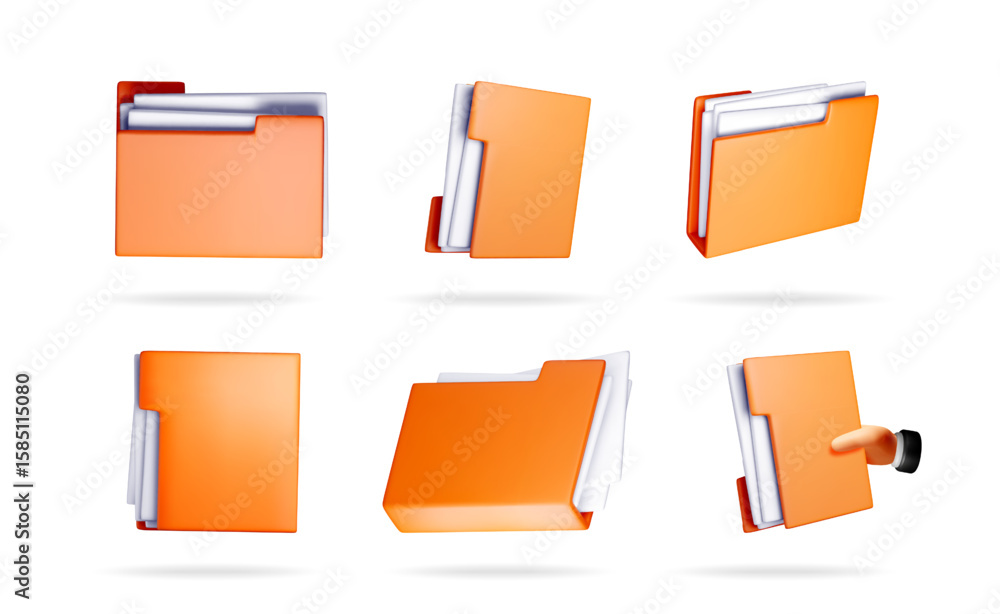 Poster collection of orange 3d folder icons with documents, representing data storage and file management f