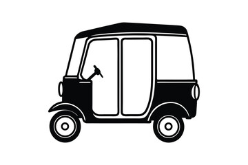 Fototapeta premium Silhouette of a three-wheeled auto rickshaw, featuring a rounded roof, enclosed driver area, and two distinct wheels at the back. The design is simplistic and bold, rendered entirely in black.