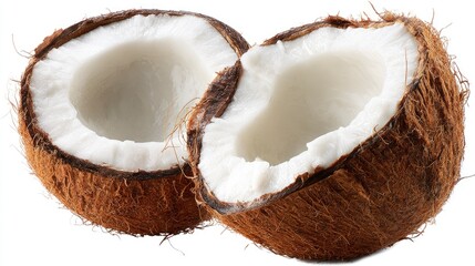Two fresh coconut halves are isolated showing the white flesh and brown shell, a tropical vibe.
