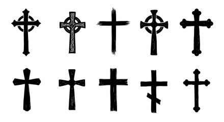 Set of ten black grunge brush style crosses on white background