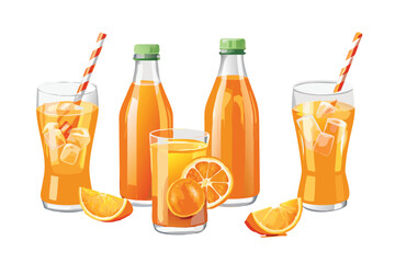 Photorealistic Orange Drinks Vector Icon Set. Realistic Juice and Soda with Gradient Mesh Shading