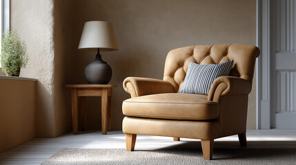 Warm-toned rustic vintage interior with retro armchair, side table, and floor lamp set against a textured, earthen brown wall perfect for interior design and antique lifestyle visuals.