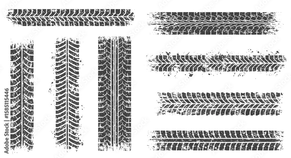 Poster grunge tire tracks set with textured patterns for automotive design