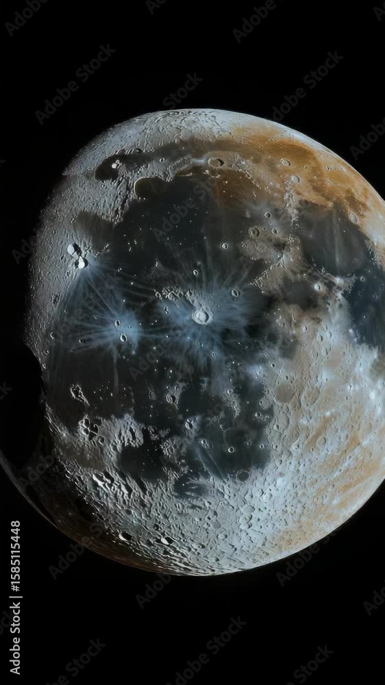 Poster a close up of the moon with a dark background. the moon is covered in craters and has a reddish tint