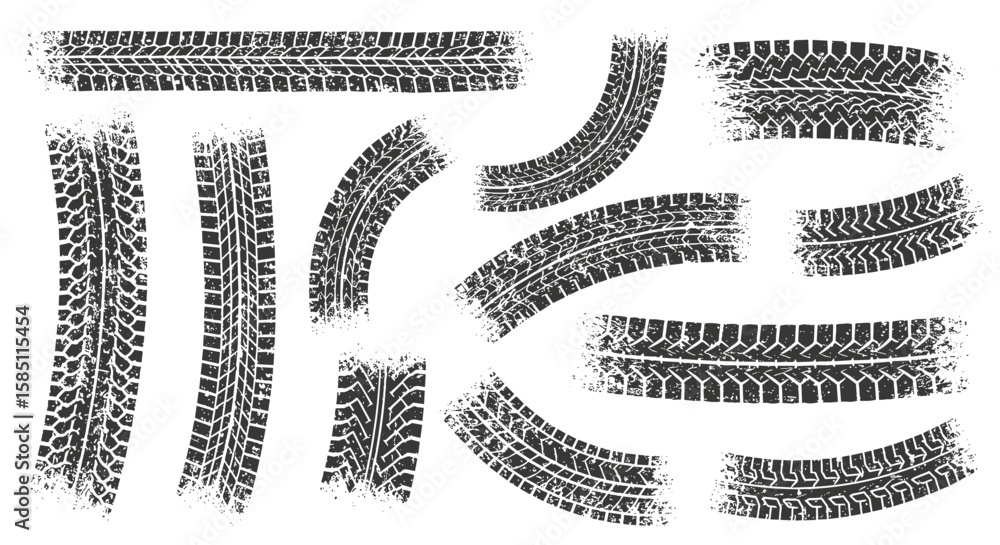Poster grungy tire tracks set with diverse textures and patterns