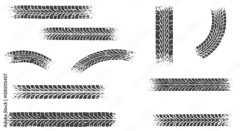 Poster tire tracks set: grunge style collection of different patterns and shapes