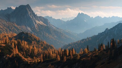 Ultra quality image of breathtaking landscape of Filzmoos with autumn larches, distant mountain silhouettes, and glowing sunset hues.