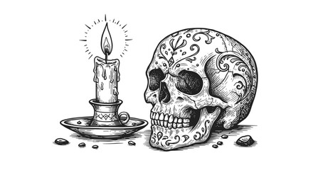 Skull and candle with ornamental art: vintage detailed ink design