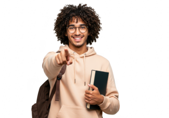 Confident student with glasses and a backpack pointing forward, holding a book, isolated on transparent background
