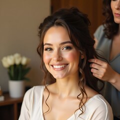 Young smiling brunette woman portrait in fashionable style