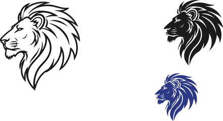 Bold lion head logo design showcases strength, majesty, and animalistic power in black, blue, and outline variations.