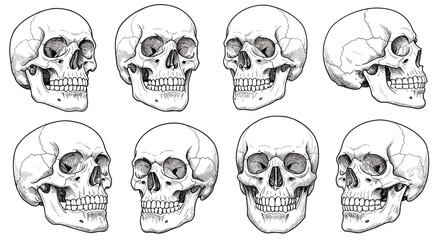 Detailed skull sketches: eight angles of human anatomy artwork