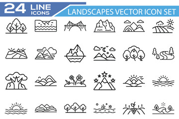 Landscapes Vector Icon Set – Scenic Nature, Mountains, Forests & Outdoor Line Icons