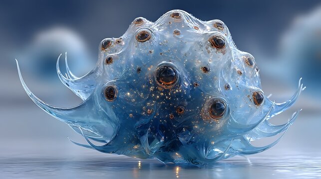 Levitating alien crystal blob glowing softly with embedded surreal eye shapes inside a pale blue environment