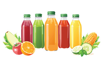 Photorealistic Juice Bottles Vector Set. Realistic Cold-Pressed Drinks with Fruit Ingredients and Gradient Mesh Shading
