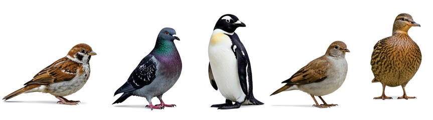 Fototapeta premium Group of beautiful birds isolated on white background. Elegant nature representatives.