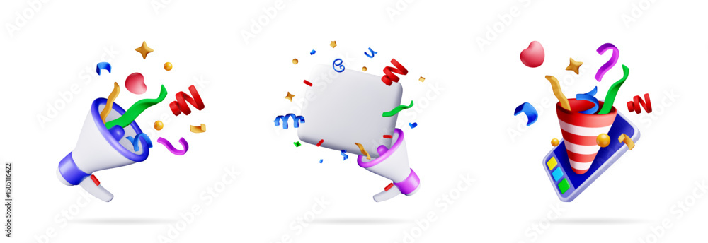 Poster a set of three 3d digital icons with colorful confetti exploding from megaphones and a smartphone, c