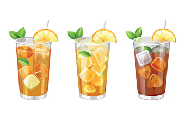Photorealistic Iced Tea Vector Set. Realistic Cold Drinks in Glasses with Gradient Mesh Shading