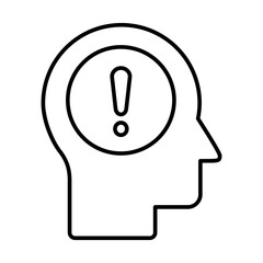 Head with exclamation mark line icon. Alert concept. Warning sign in mind. Human brain attention idea. Worried person and anxiety symbol. Awakening awareness. Excitation state. Vector illustration. 