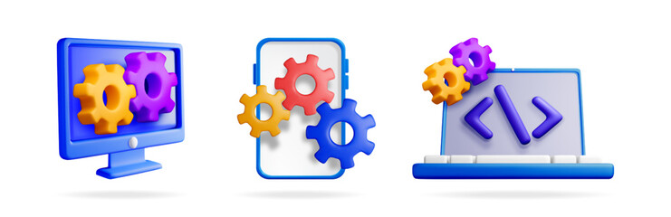 Collection of 3d vector illustrations of computer, phone, and laptop with gears and code for system setup.