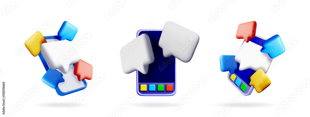 Poster set of 3d vector illustrations of smartphones with speech bubbles, representing online messaging or 