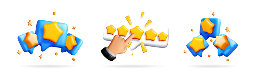 3d vector illustration set collection with a hand touching a star for customer review in a white speech bubble