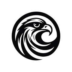 Abstract black and white vector illustration of a falcon head with tribal floral swirl design