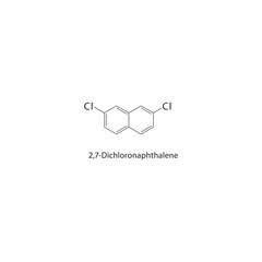 2,7-Dichloronaphthalene skeletal structure. halogen naphthalene compound schematic illustration. Simple diagram, chemical formula.