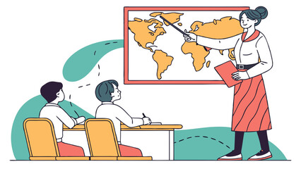 A teacher is explaining geography to students using a world map in a classroom setting.