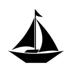 Sailing boat with triangular sail in silhouette for marine sport or adventure