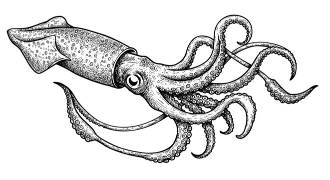 Detailed monochrome drawing of a squid with curved tentacles and intricate patterns