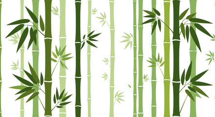Seamless bamboo pattern with lush green stalks and leaves on white background