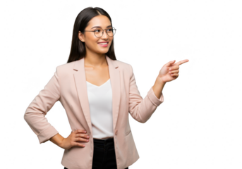 A confident businesswoman in a pink blazer and glasses points to the side, isolated on a transparent background