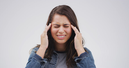 Headache, pain and woman in studio with tension, pressure and brain fog on white background. Mockup...