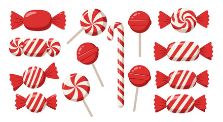 Festive red and white candy collection on white background