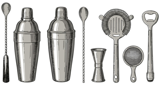 Retro style cocktail shaker and bartending tool collection